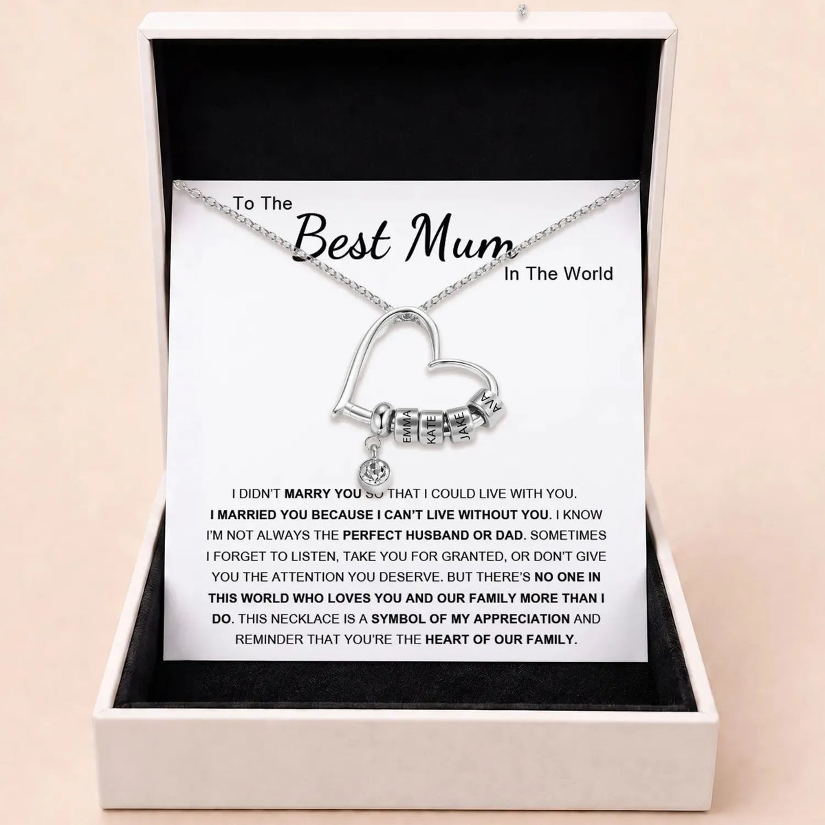 Charming Heart Necklace with Engraved Name Beads For Mum