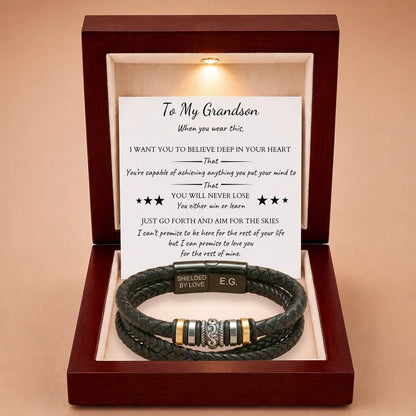 Braided Leather Bracelet Engraved For Grandson