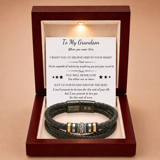 Braided Leather Bracelet Engraved For Grandson