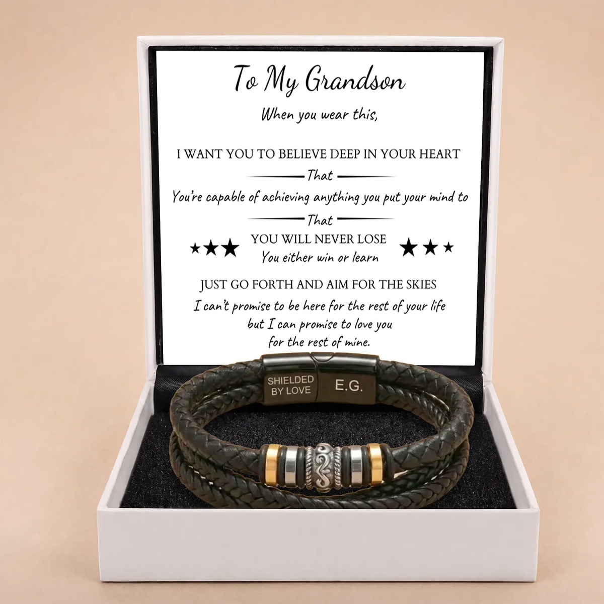 Braided Leather Bracelet Engraved For Grandson