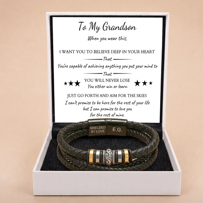 Braided Leather Bracelet Engraved For Grandson