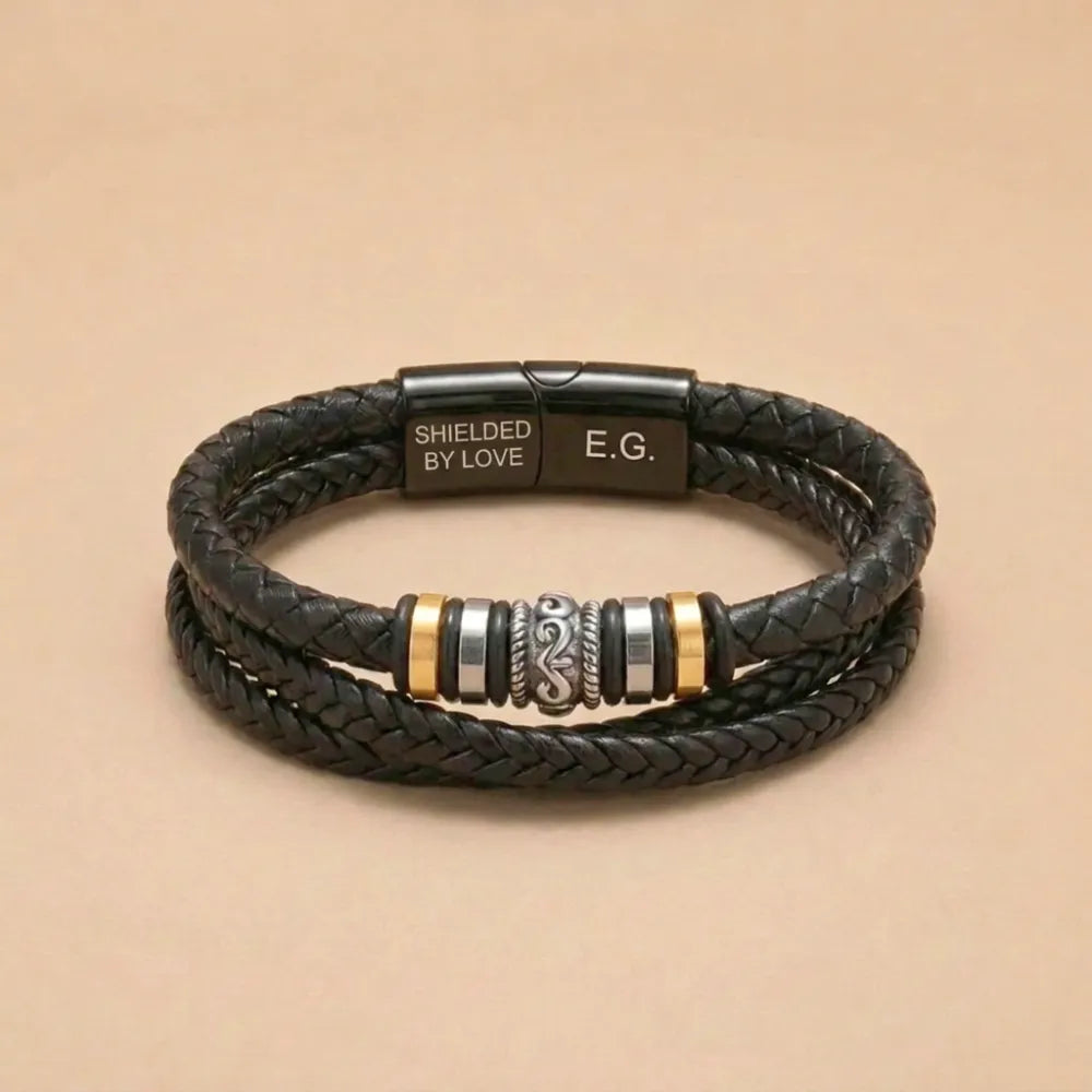 Braided Leather Bracelet Engraved For Grandson