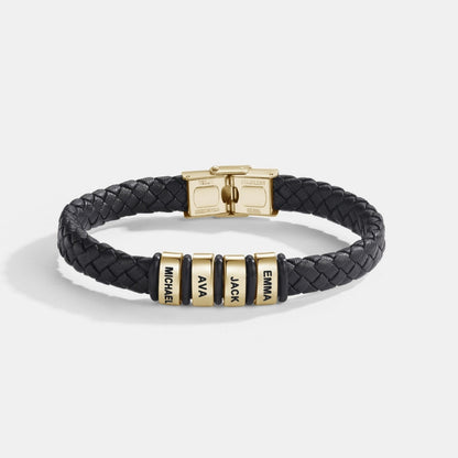 Best Dad in The World – Braided Black Leather Bracelet with Personalised Name Engraving