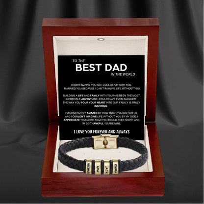 Best Dad in The World – Braided Black Leather Bracelet with Personalised Name Engraving