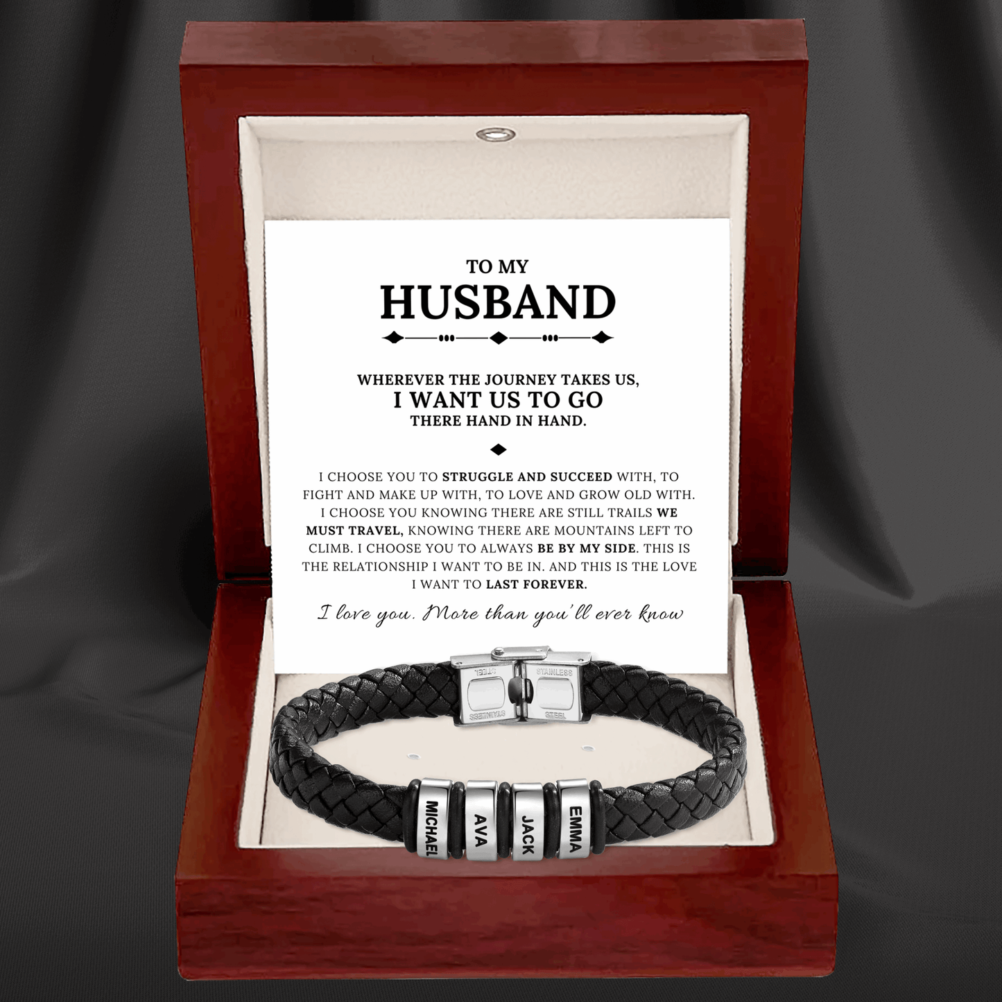 To My Husband - Braided Black Leather Bracelet with Personalized Name Engraving