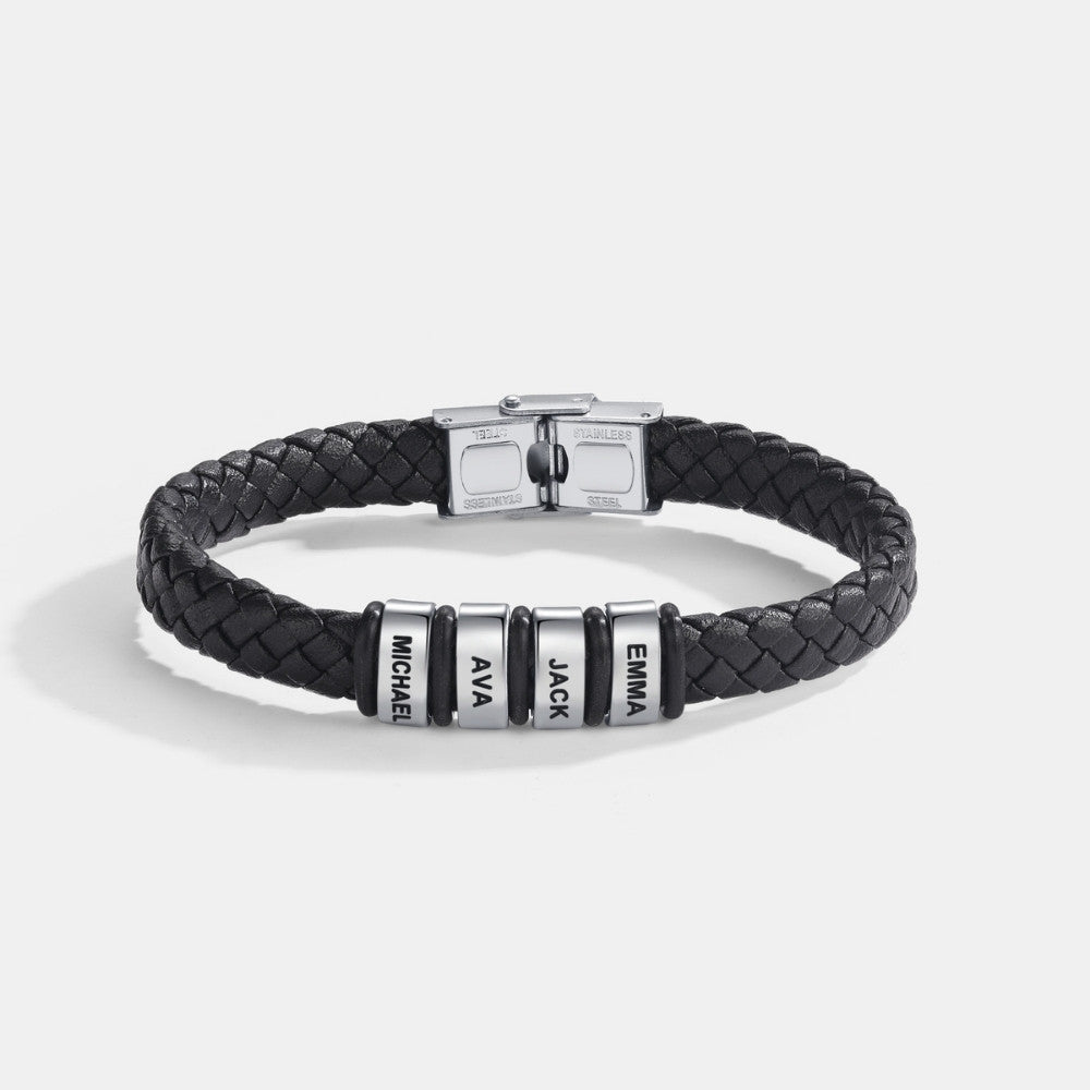 Best Dad in The World – Braided Black Leather Bracelet with Personalised Name Engraving