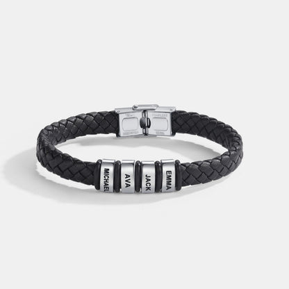 Best Dad in The World – Braided Black Leather Bracelet with Personalised Name Engraving