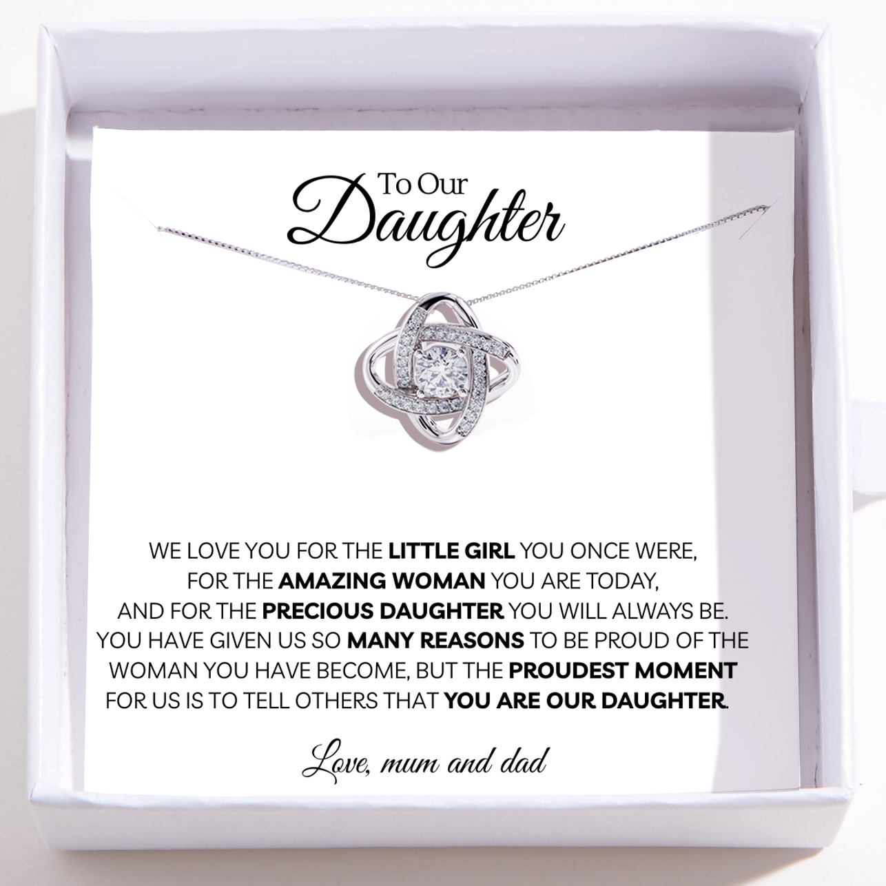 Daughter Necklace from Mum and Dad - Love Knot Pendant - Meaningful Gift From Parents