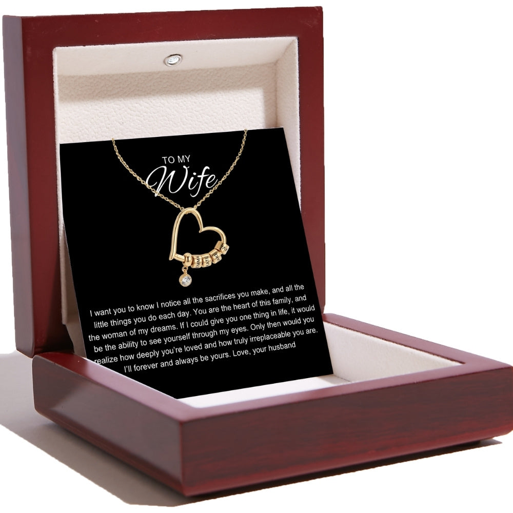 Charming Heart Necklace with Engraved Name Beads for Wife