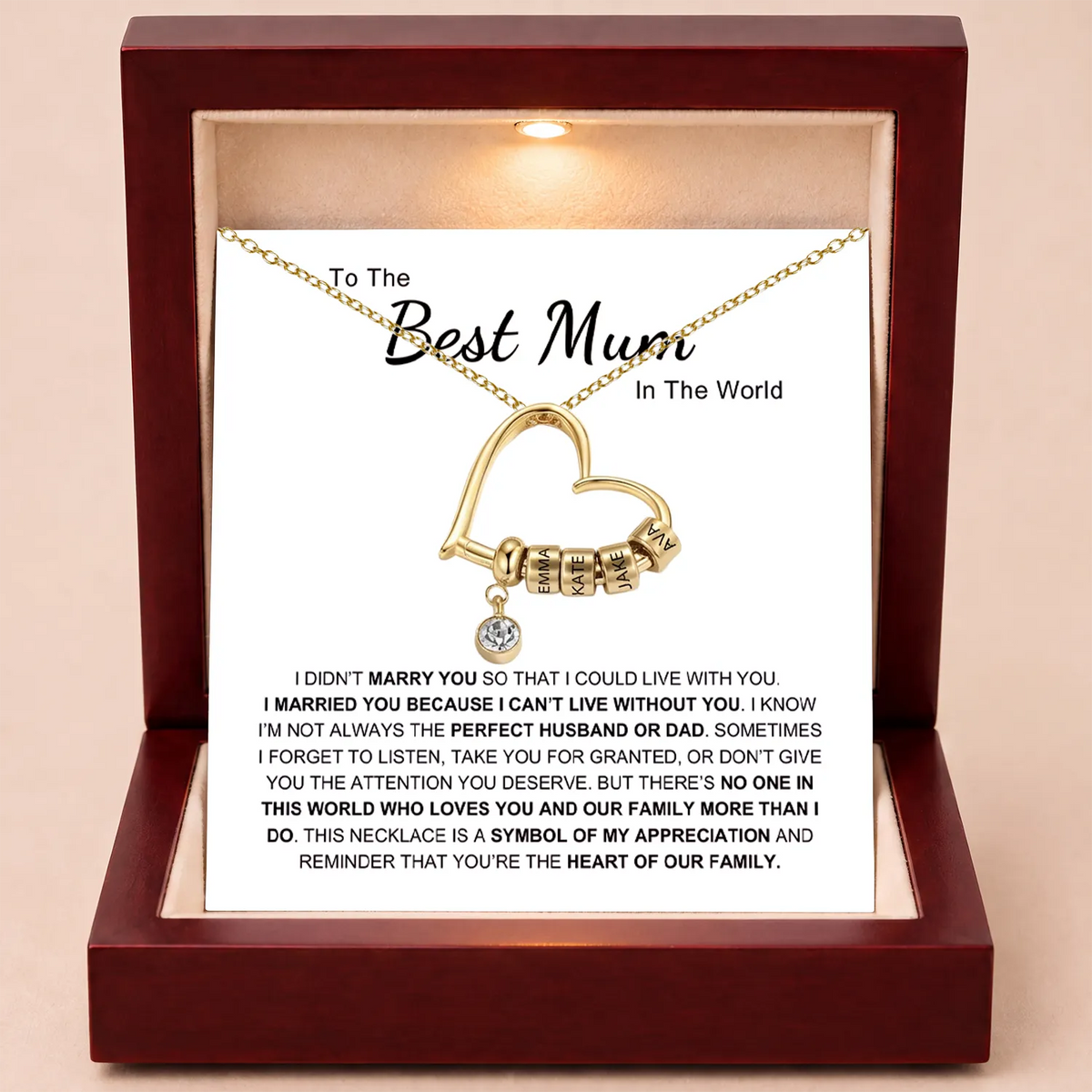 Charming Heart Necklace with Engraved Name Beads For Mum
