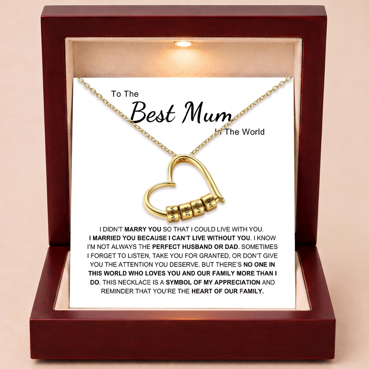 Charming Heart Necklace with Engraved Name Beads For Mum