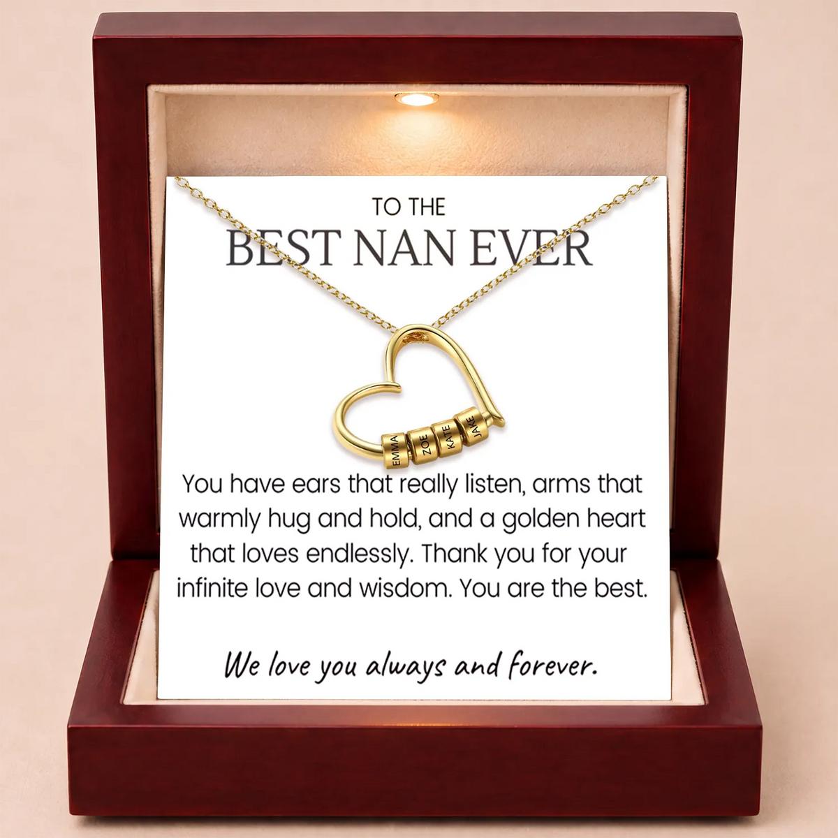 Charming Heart Engraved-Bead Necklace for Grandma