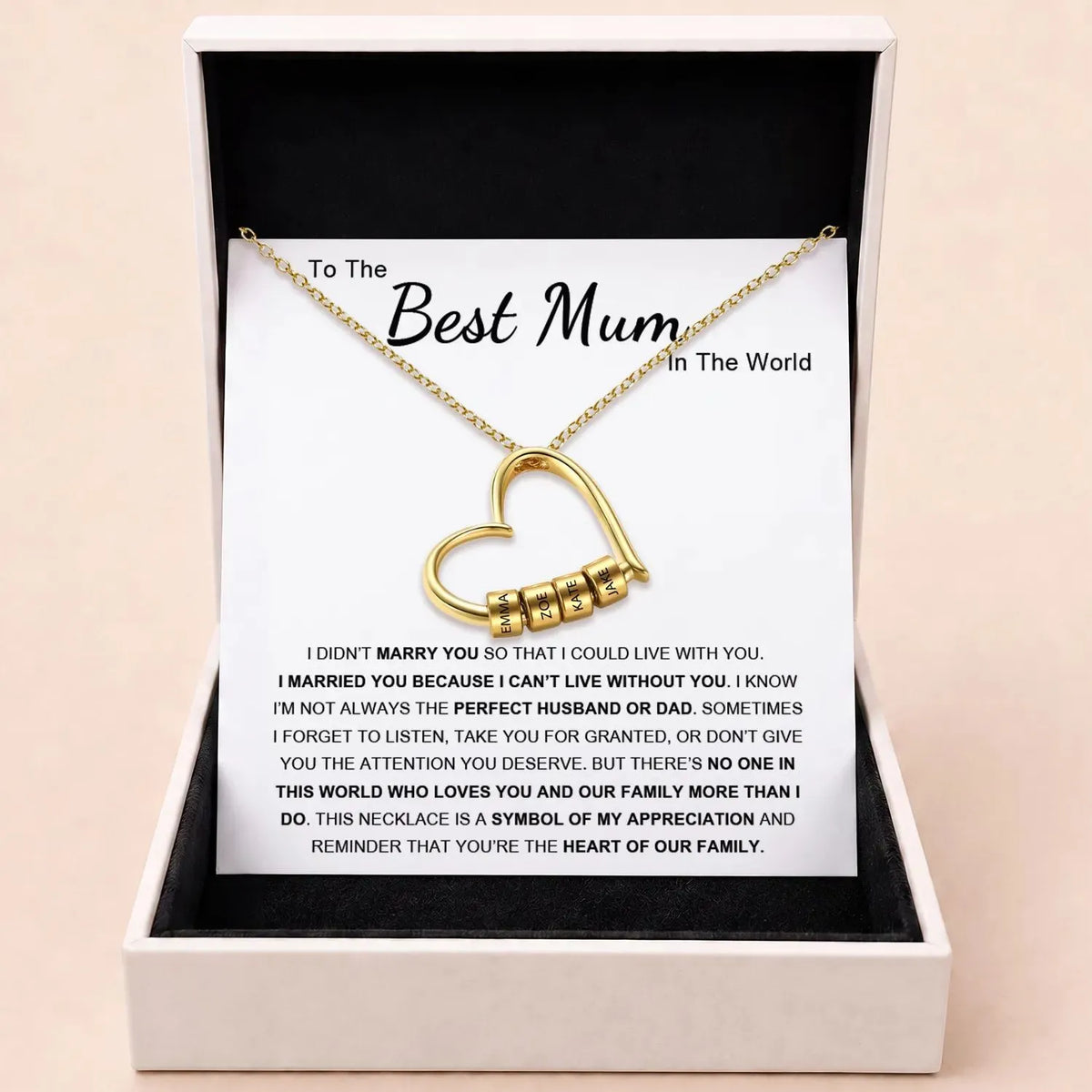 Charming Heart Necklace with Engraved Name Beads For Mum