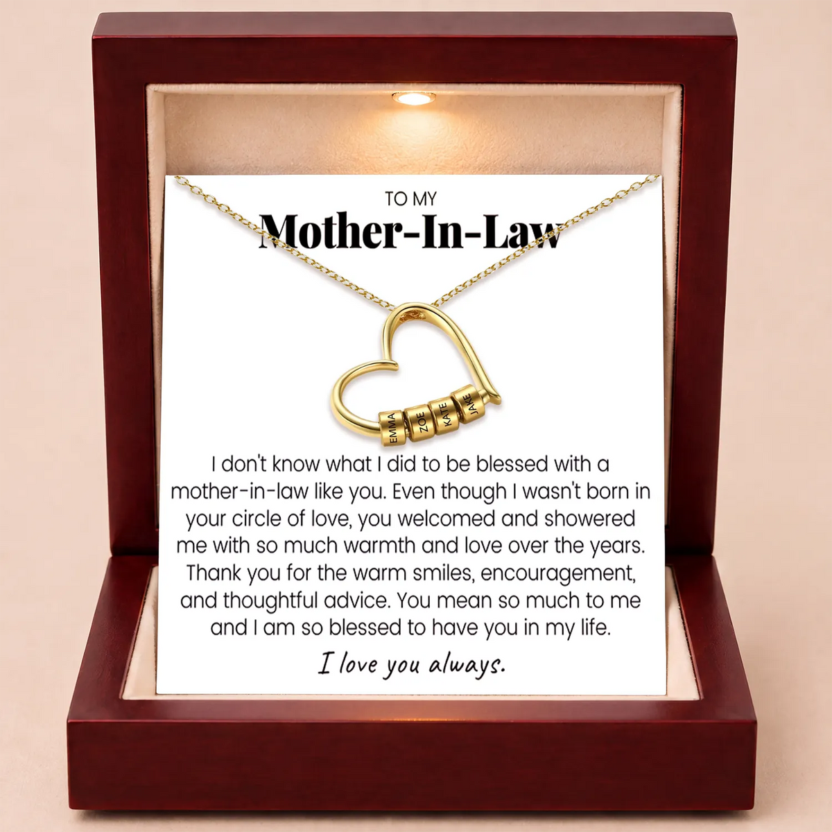 Charming Heart Engraved-Bead Necklace for Mother-In-Law