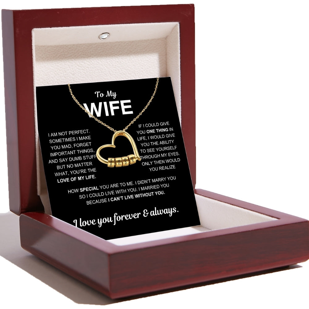 Charming Heart Necklace with Engraved Name Beads for Wife
