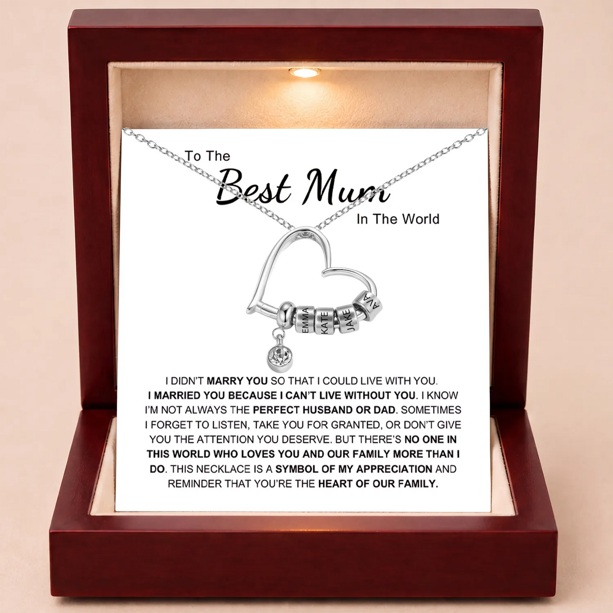 Charming Heart Necklace with Engraved Name Beads For Mum