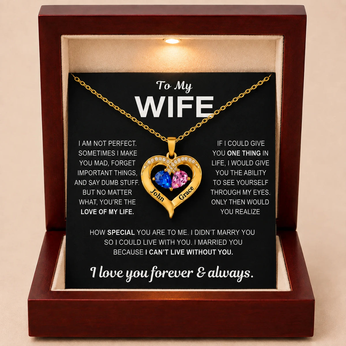 To My Wife - Together Forever Birthstone Heart Necklace