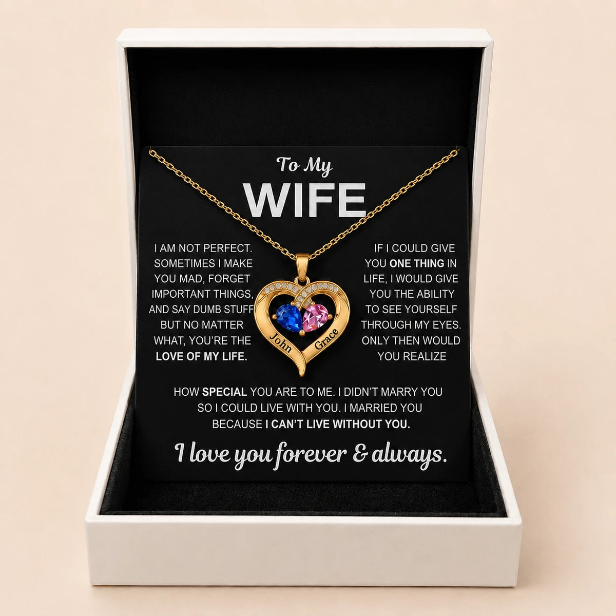 To My Wife - Together Forever Birthstone Heart Necklace