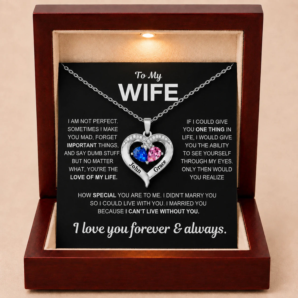 To My Wife - Together Forever Birthstone Heart Necklace